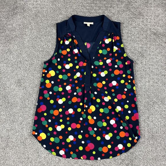 ModCloth Blouse Womens Small Navy Multicolor Polka Dot Sleeveless V-Neck Top - Picture 1 of 7
